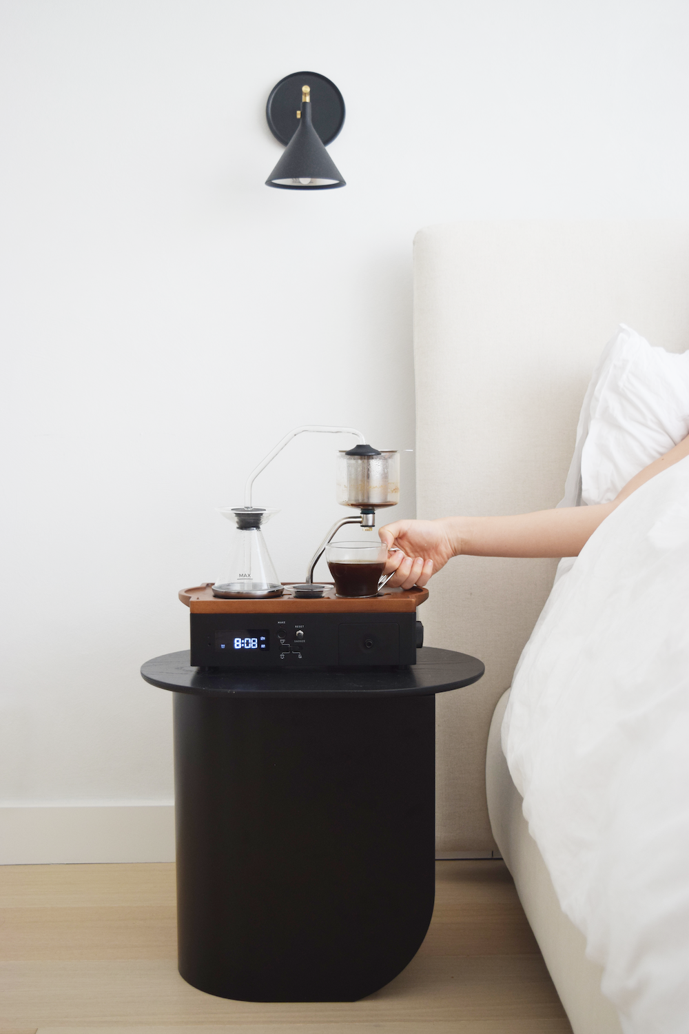 Joy Resolve Barisieur 2.0 immersion brewer alarm clock brews coffee and tea  while wirelessly charging