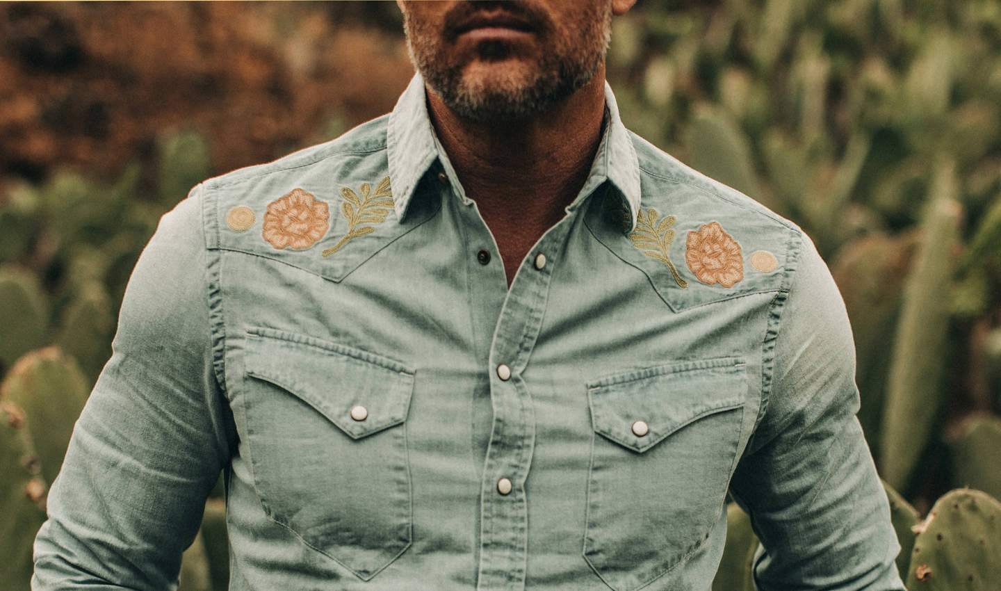 | Shirt in Coolector Embroidered Washed Stitch Denim The Western Taylor